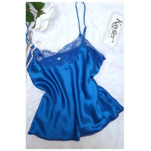 Vintage - NWT Jewel Tone Blue Satin Camisole Tank Top with Lace Trim